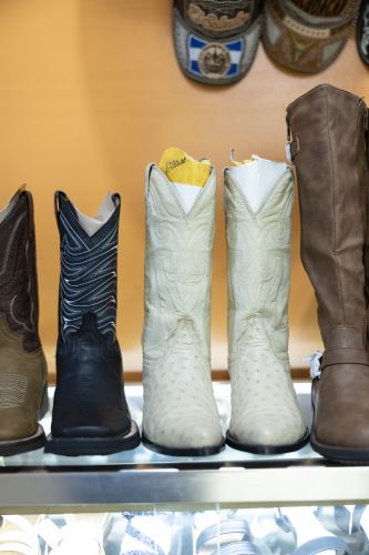 boots on a glass shelf