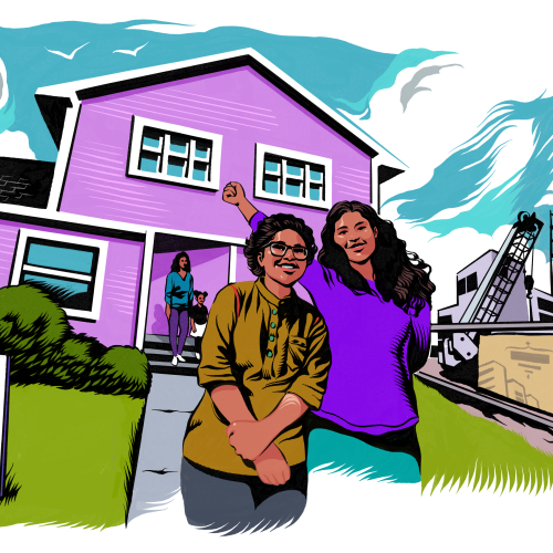 An illustration of two people standing outside of a beautiful home. 